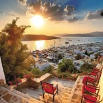 Zeegezicht van Bodrum - de Vectorillustratie van de Vlag van Turkije