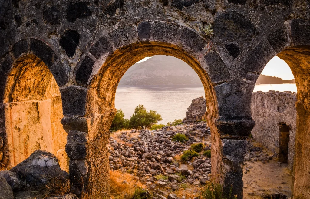 Gemiler Island ruins on sunset