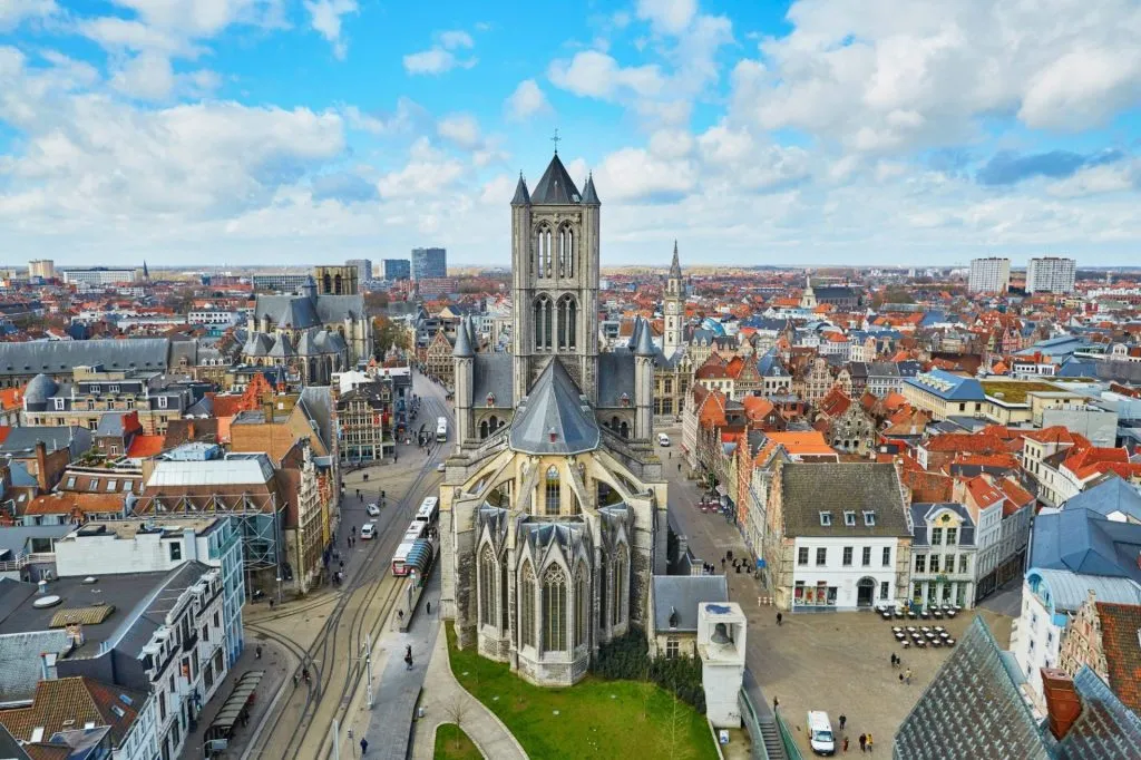 Aerial view on the center of Ghent with Saint Nicholas Church in Belgium