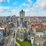 Aerial view on the center of Ghent with Saint Nicholas Church in Belgium