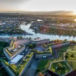 Aerial View of Ehrenbreitstein fortress and Koblenz City in Germany during sunset