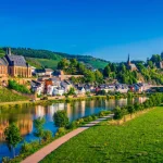 Saarburg panorama of old town on the hills in Saar river valley, Germany