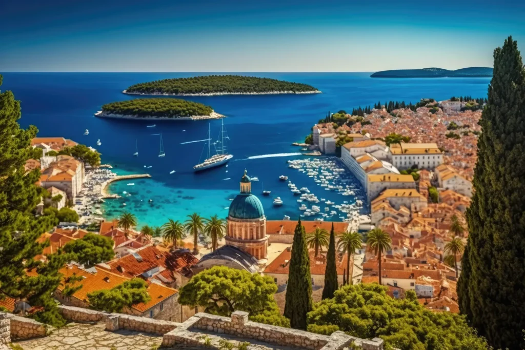 Zomervakantieconcept, een klein eiland naast een baai met een klein stadje. Generatieve AI