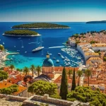 Zomervakantieconcept, een klein eiland naast een baai met een klein stadje. Generatieve AI